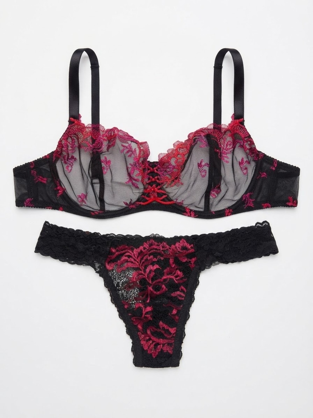 Aubade Black Bra & Burgundy Embroidered Lace Thong Set